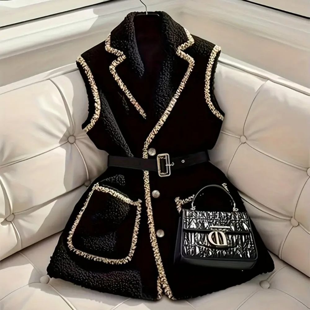 Chic Black Sleeveless Vest with Belt,Bag Not Included